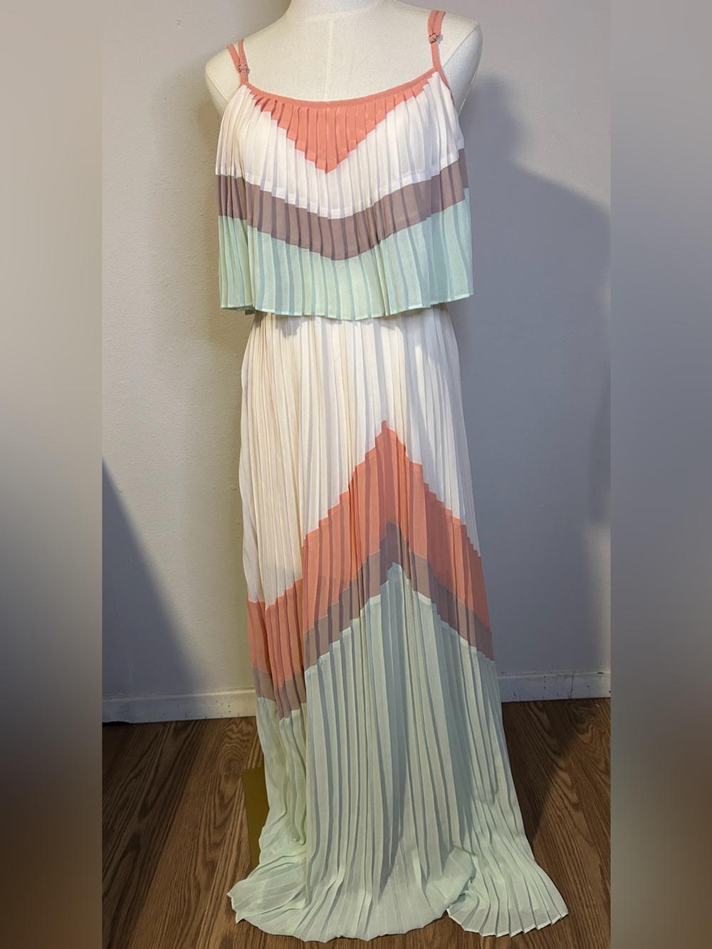 Soieblu Pleated Maxi Dress in White, Coral, Mint & Taupe